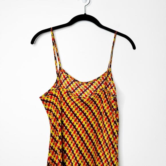 LHD Silk Slip Mini Dress in Retro Orange Brown Plaid Print Size US 6 - Picture 5 of 7